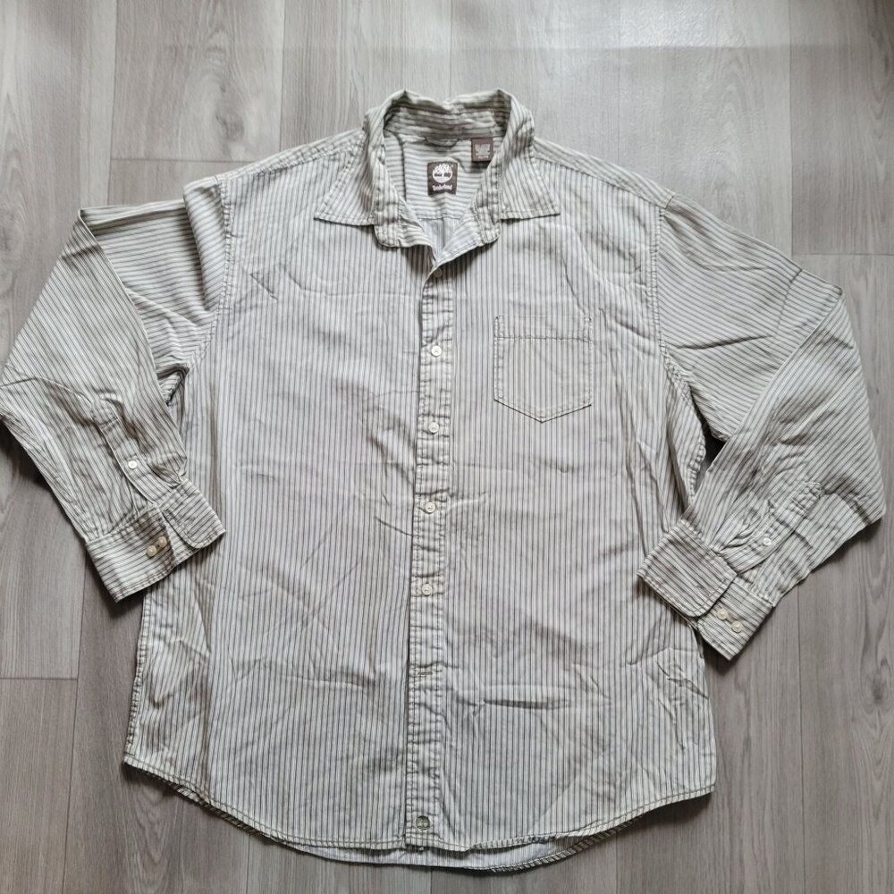 Timberland Mens Striped Button-Up Shirt XL 100% Cotton Green & White